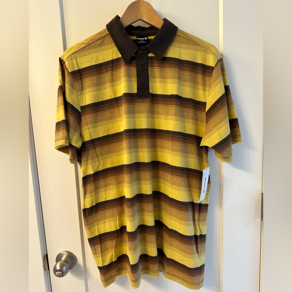 Hurley Men’s Yellow and Brown Striped Polo Shirt